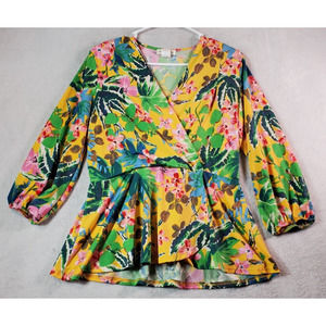 Faith & Joy Blouse Top Womens Large‎ Multi Floral Polyester Long Sleeve V Neck